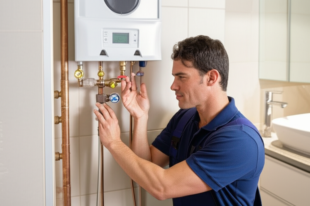 Técnico especializado AWGAS instalando aquecedor premium
